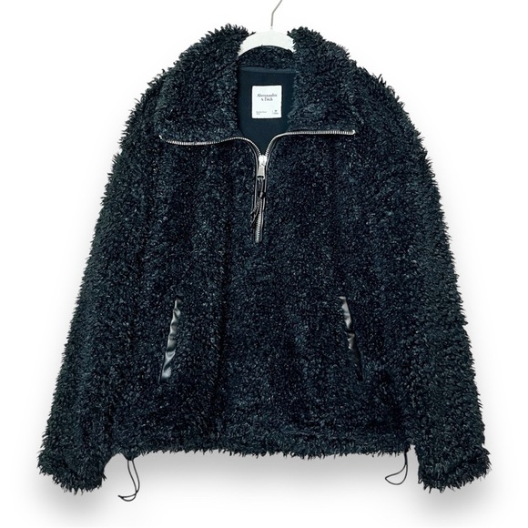 Abercrombie & Fitch Black Teddy Quarter Zip Pullover Medium sherpa faux fur top - Picture 1 of 11